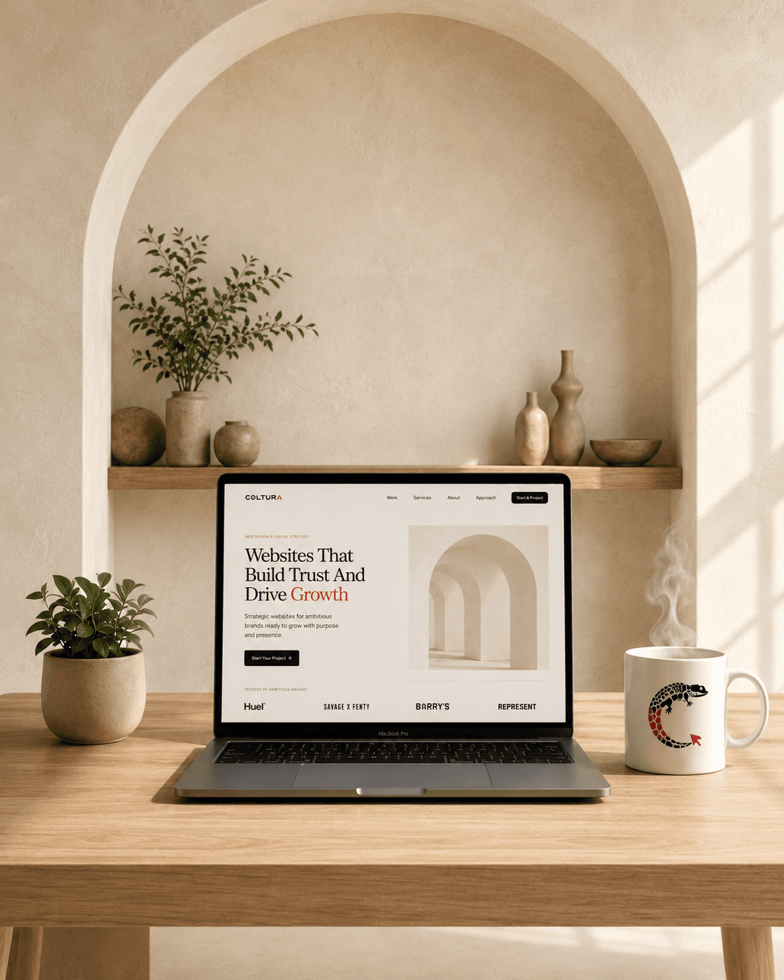 A Coltura website on a laptop in a bright, sunlit plaster archway