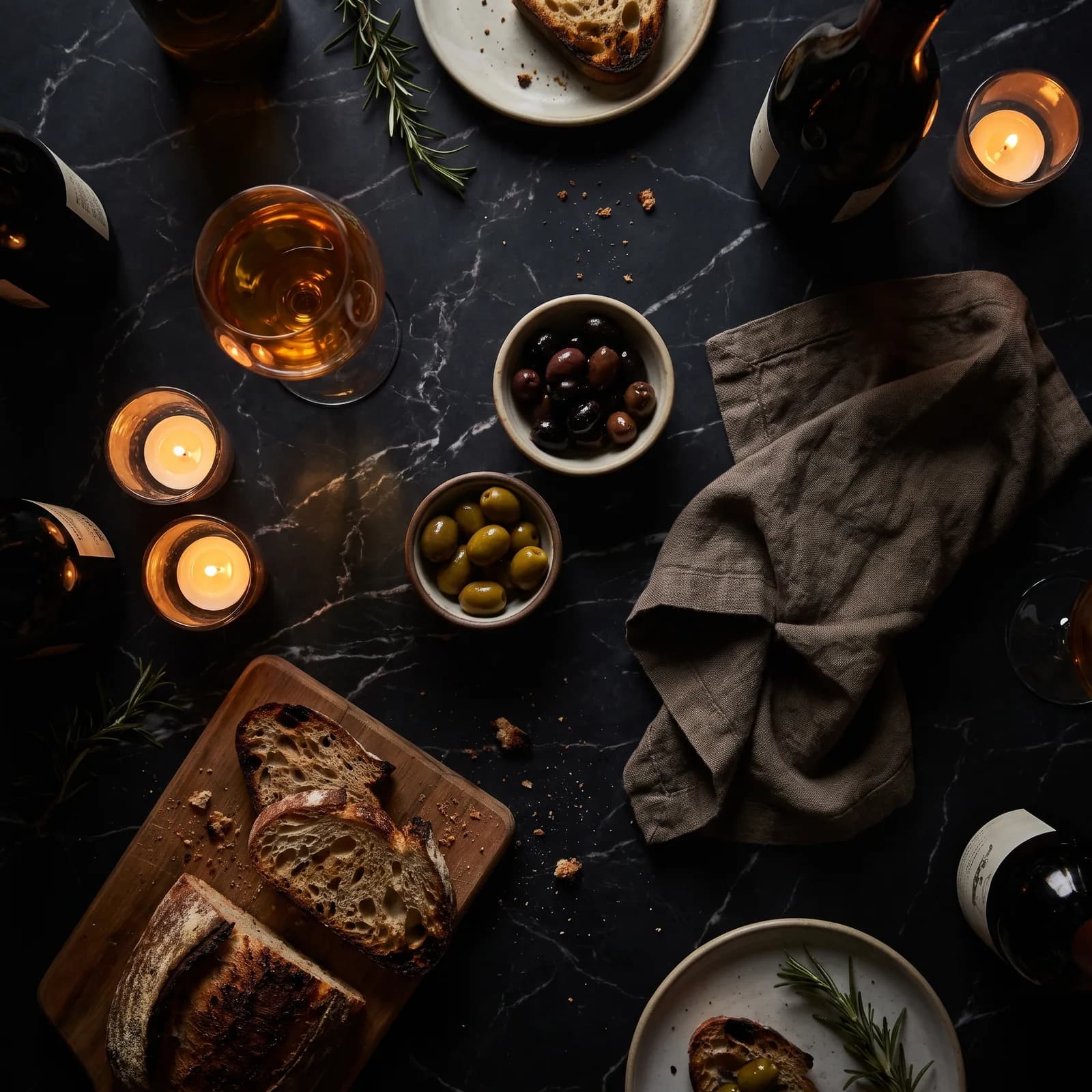 Bread, olives and open bottles by candlelight on the marble bar at Aster & Vine